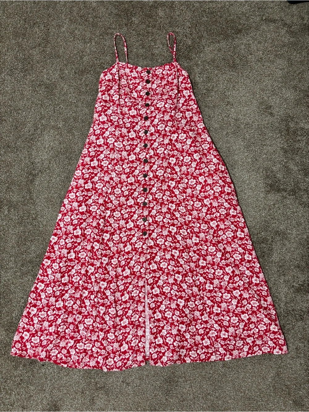 Women’s Linen Red Floral Button-Front Midi Sundress